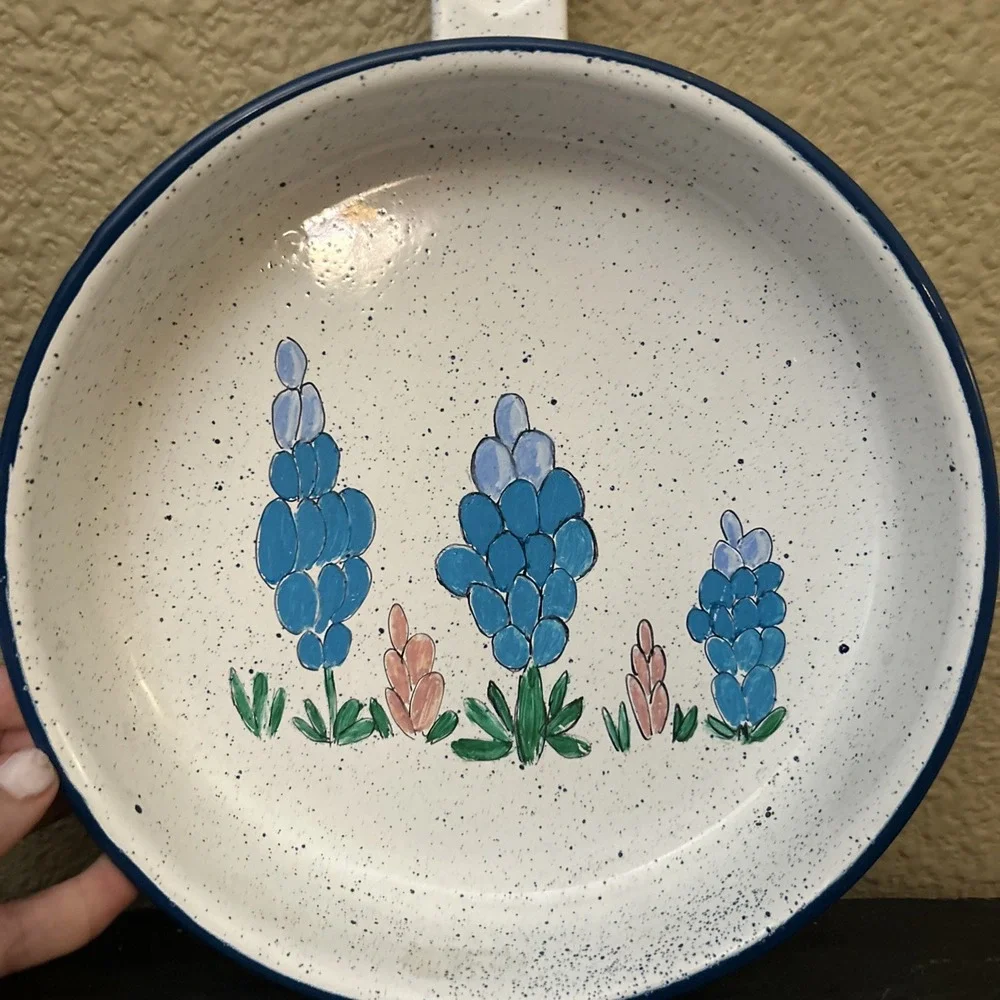 Hand Painted 9‎ In Enamel Pan Bluebonnets Texas Kitchen Decor Farmhouse Rustic